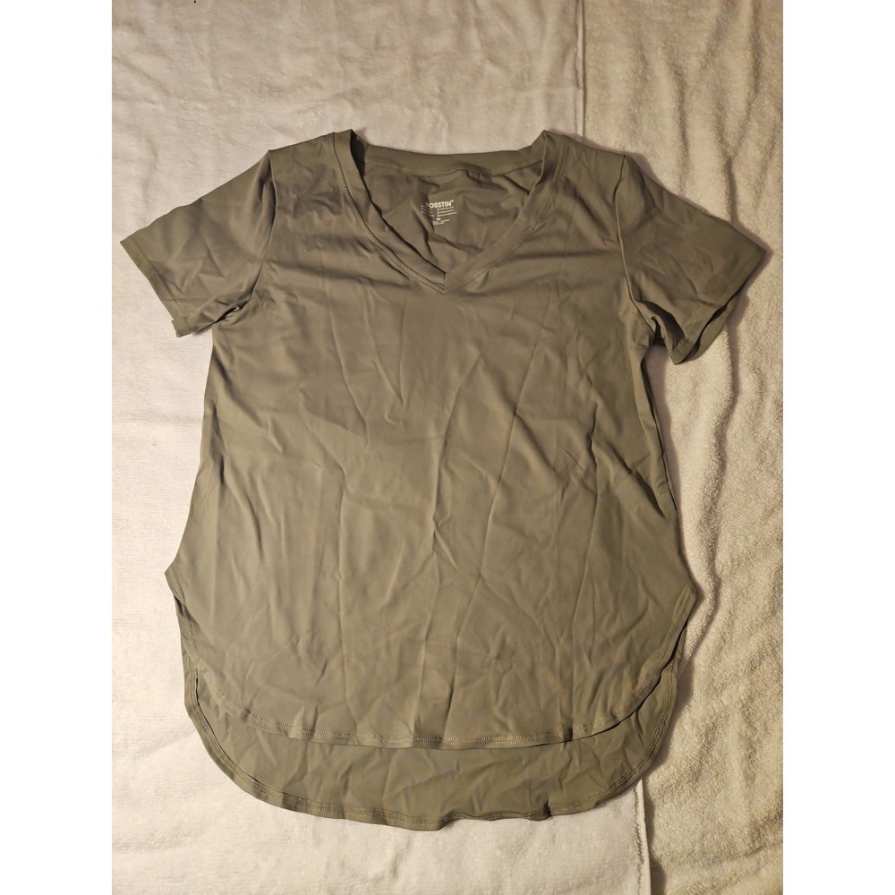 Bosstin Womens Olive Green V-Neck Activewear Top Short Sleeve High-Low Hem M